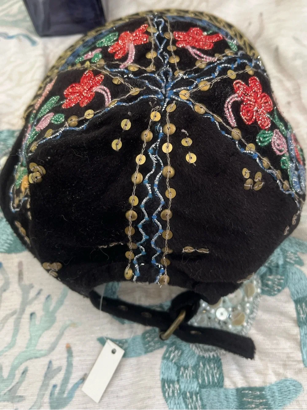 Brand New! Embroidered Floral Black Cap with Multicolor Beading